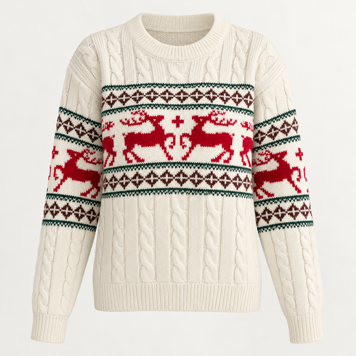 Front view showing round neckline, reindeer bands and ribbed hem