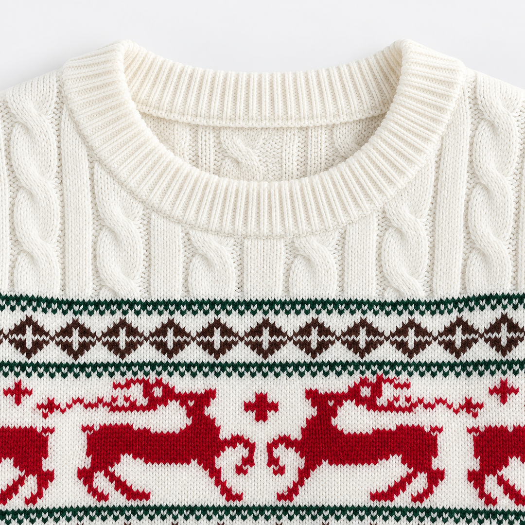 Detail view of the ribbed round neckline and reindeer band
