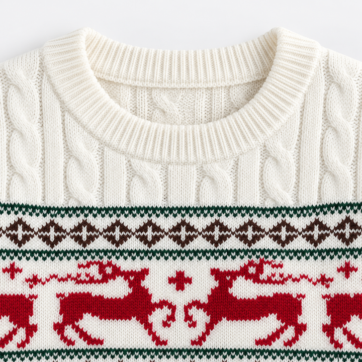 Detail view of the ribbed round neckline and reindeer band