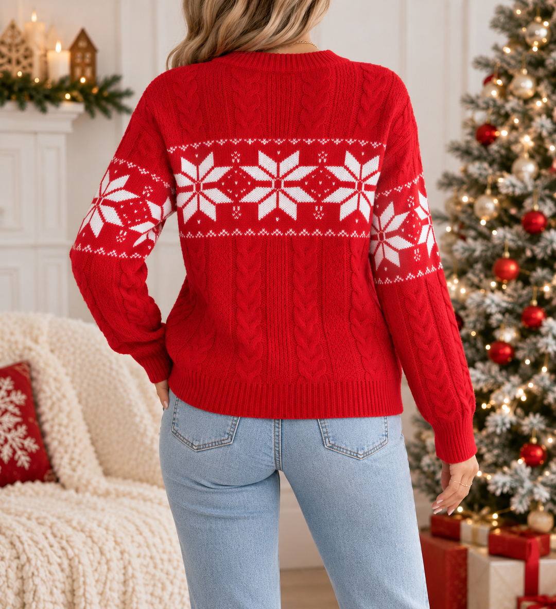 Back view showing round neckline, long sleeves and snowflake pattern across back and sleeves
