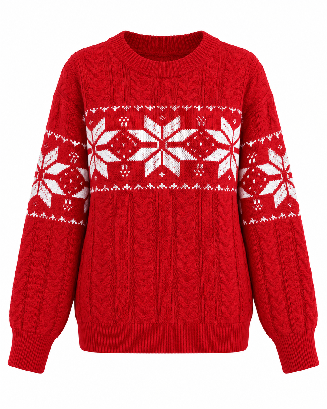 Front view showing round neckline, cable-knit bodice, snowflake pattern and ribbed hem, red