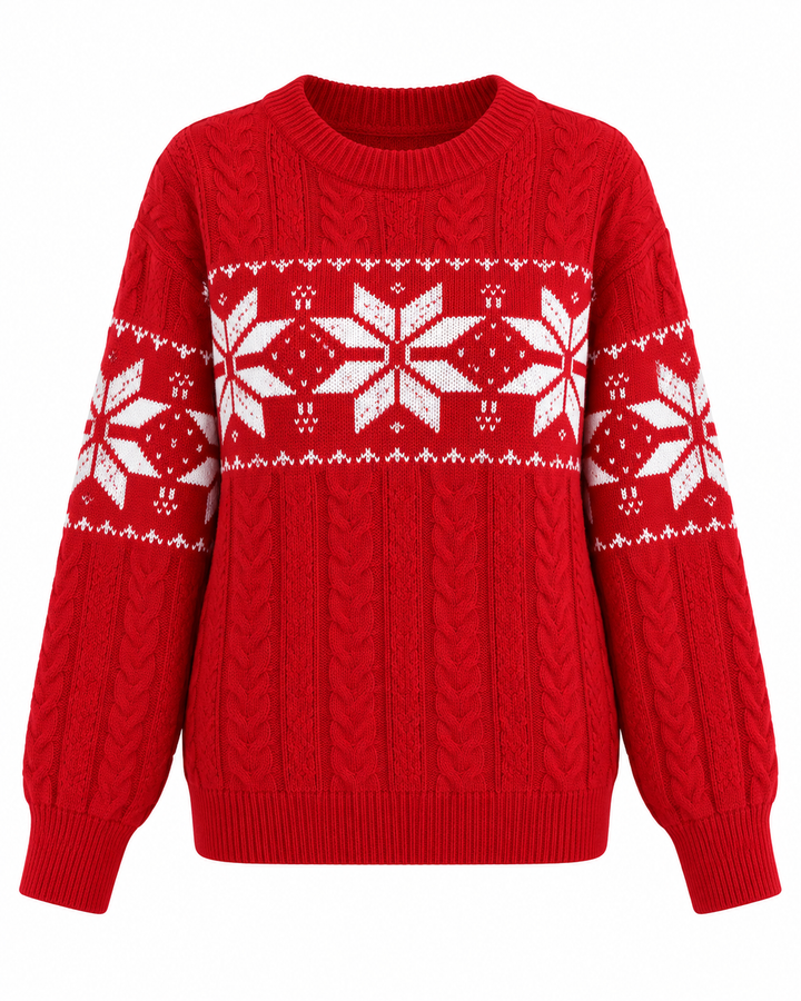 Front view showing round neckline, cable-knit bodice, snowflake pattern and ribbed hem, red