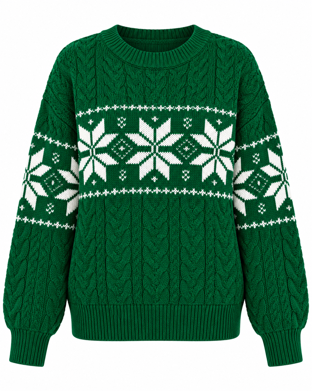 Front view showing round neckline, cable-knit bodice, snowflake pattern and ribbed hem, green