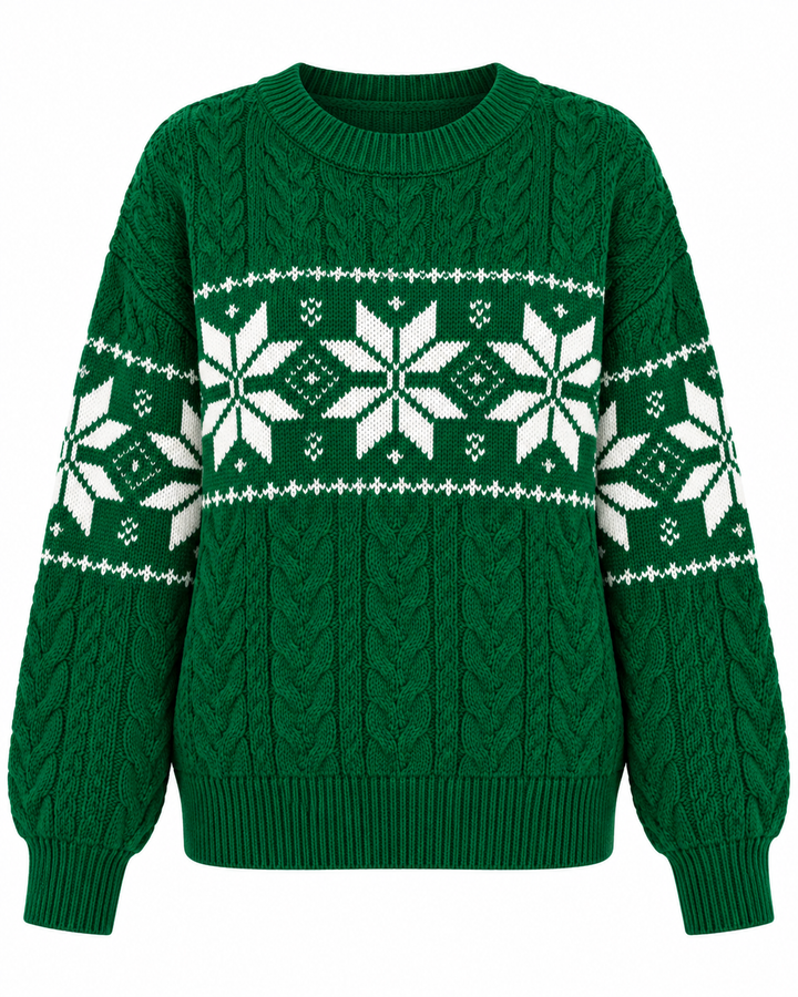 Front view showing round neckline, cable-knit bodice, snowflake pattern and ribbed hem, green