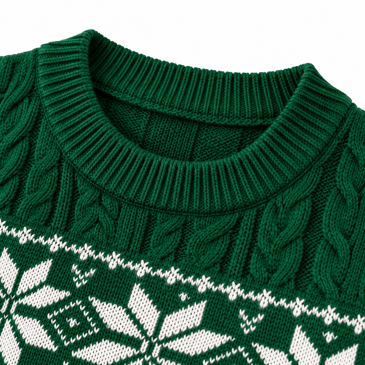 Detail view of round neckline with ribbed edging and cable-knit
