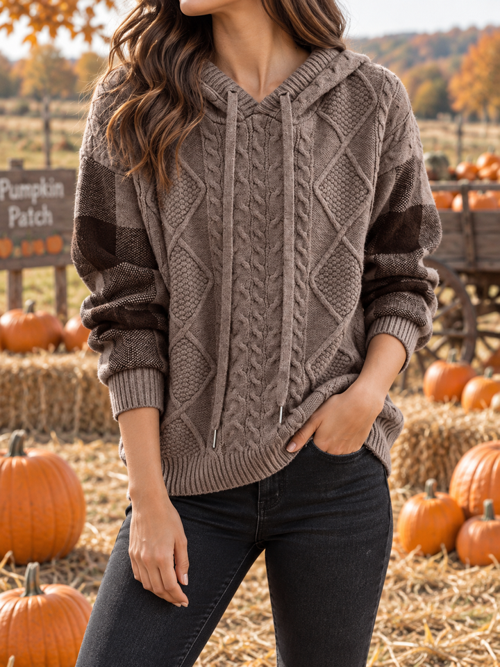 Women’s Cable Knit Jumper with Drawstring Hood and Contrast Block Sleeves