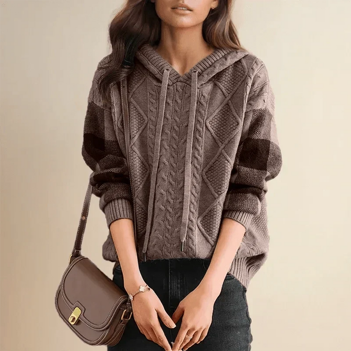 Women’s Cable Knit Jumper with Drawstring Hood and Contrast Block Sleeves