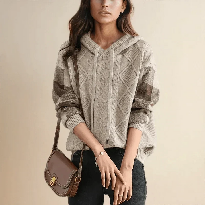 Women’s Cable Knit Jumper with Drawstring Hood and Contrast Block Sleeves