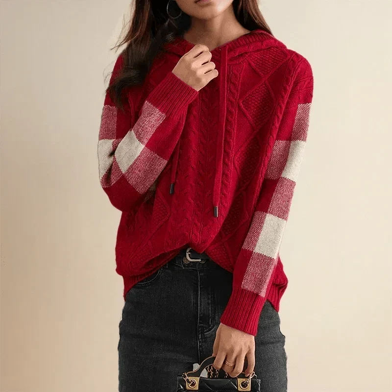 Women’s Cable Knit Jumper with Drawstring Hood and Contrast Block Sleeves