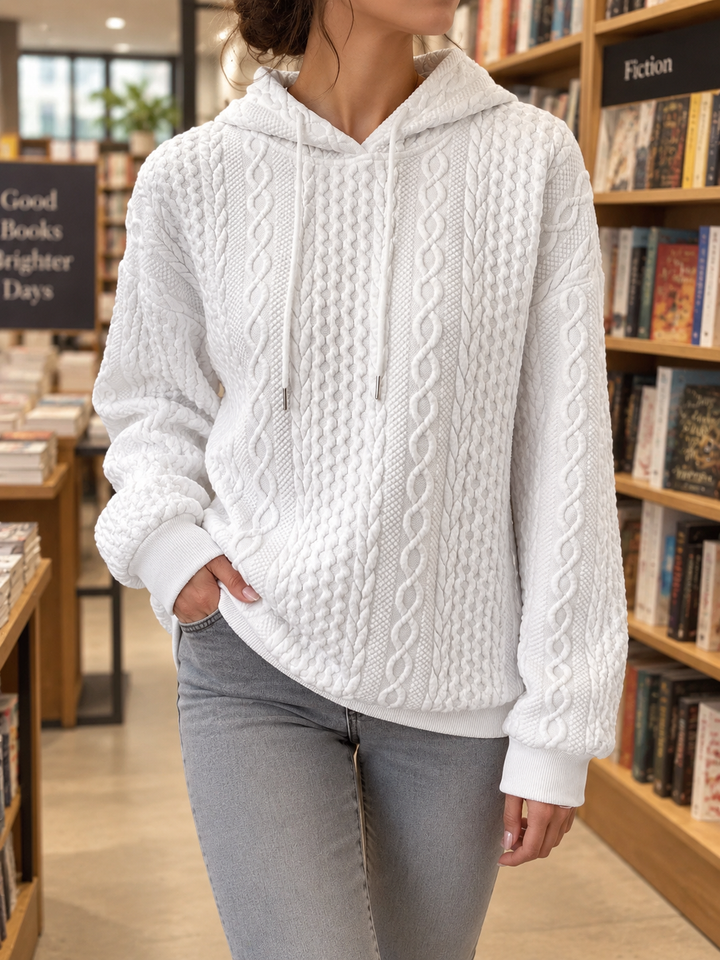 Women’s Cable Knit Jumper with Drawstring Hood and Ribbed Cuffs