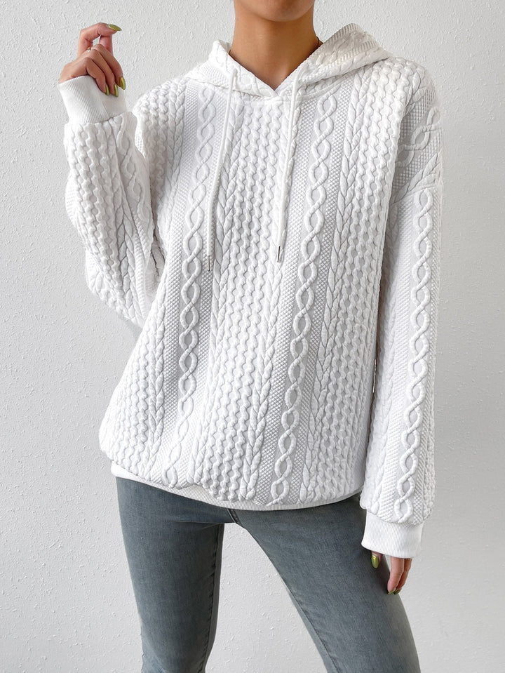 Women’s Cable Knit Jumper with Drawstring Hood and Ribbed Cuffs