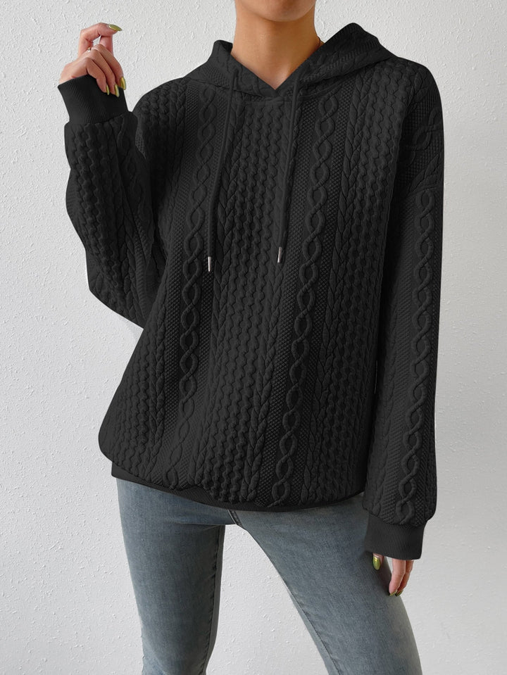 Women’s Cable Knit Jumper with Drawstring Hood and Ribbed Cuffs