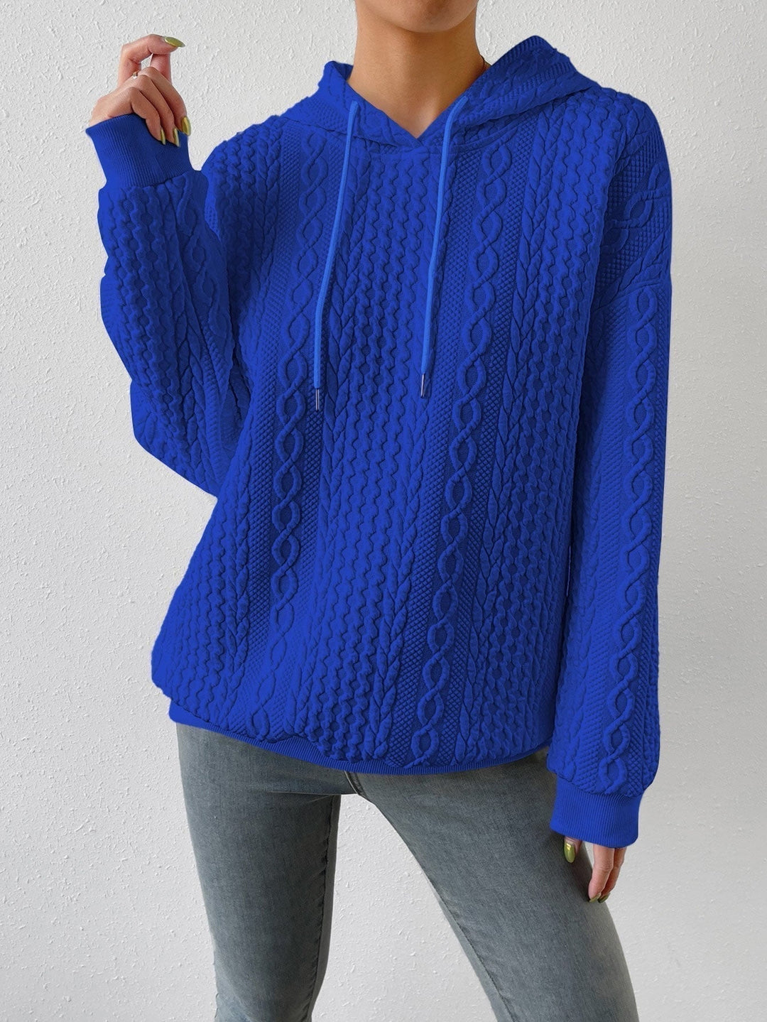 Women’s Cable Knit Jumper with Drawstring Hood and Ribbed Cuffs