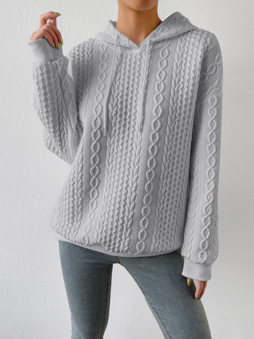 Women’s Cable Knit Jumper with Drawstring Hood and Ribbed Cuffs