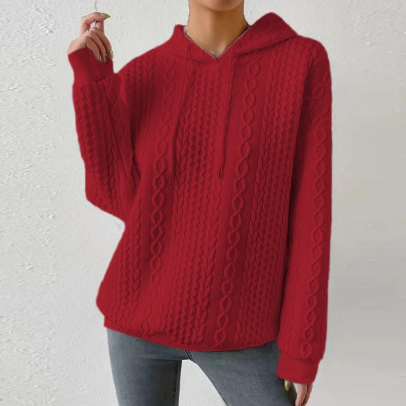 Women’s Cable Knit Jumper with Drawstring Hood and Ribbed Cuffs