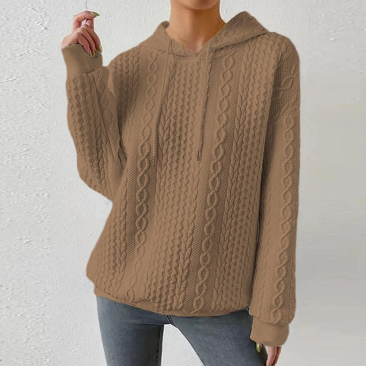 Women’s Cable Knit Jumper with Drawstring Hood and Ribbed Cuffs