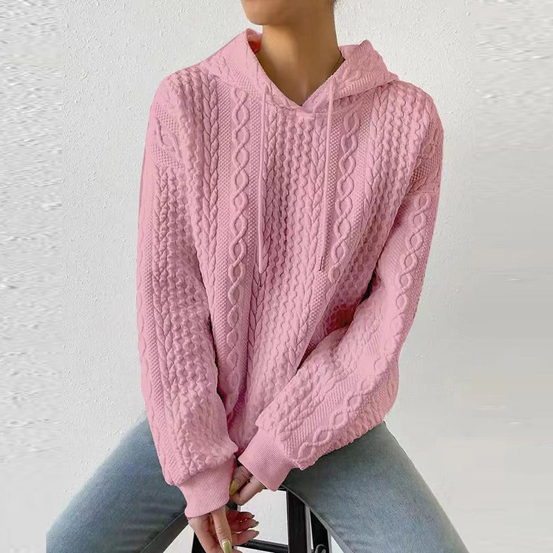 Women’s Cable Knit Jumper with Drawstring Hood and Ribbed Cuffs