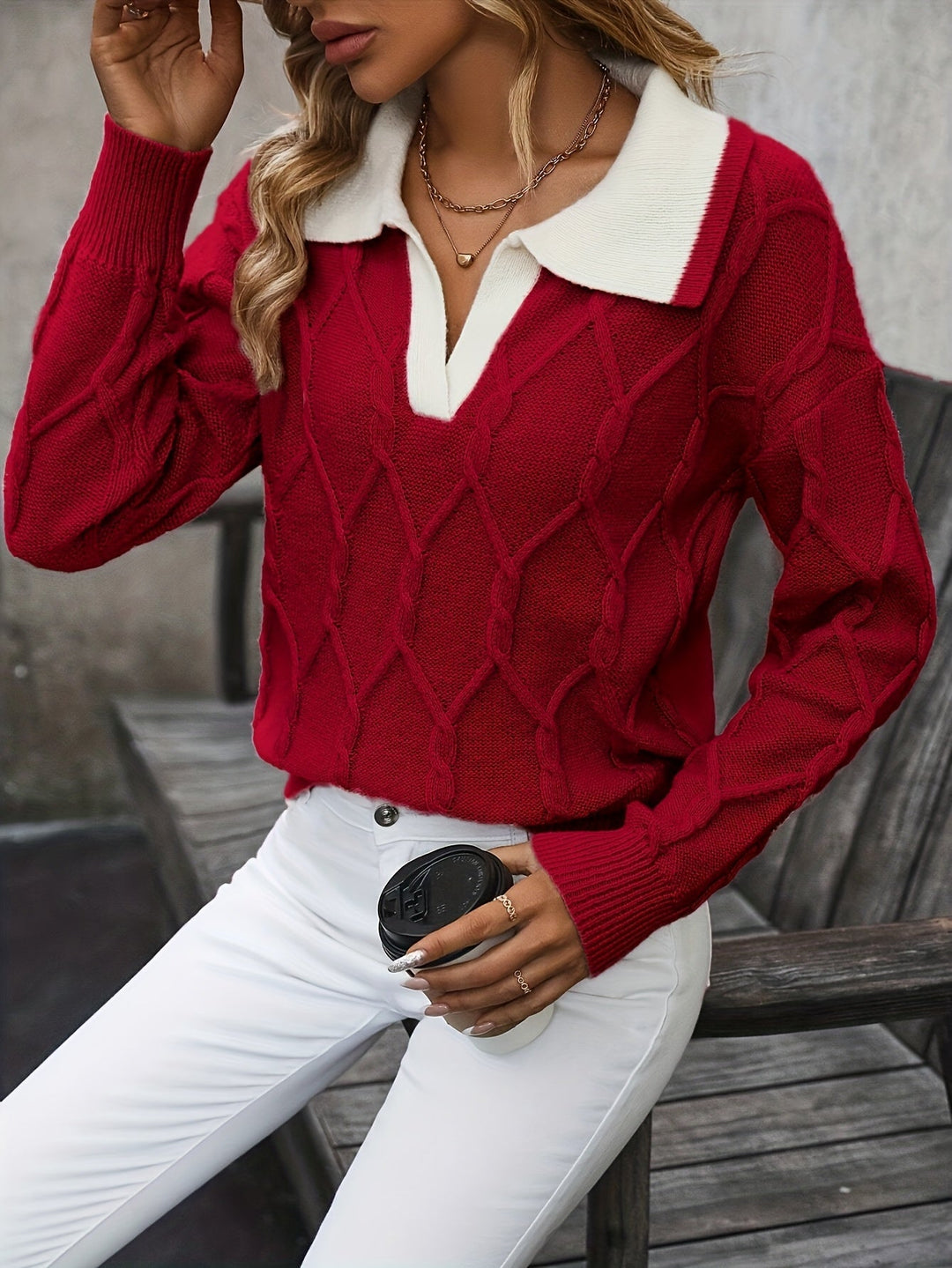 Women’s Cable Knit Jumper with Fold-Over Collar and Ribbed Trim