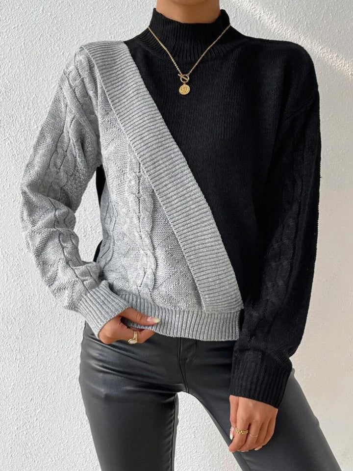Women’s Cable Knit Jumper with High Neck and Asymmetrical Ribbed Panel