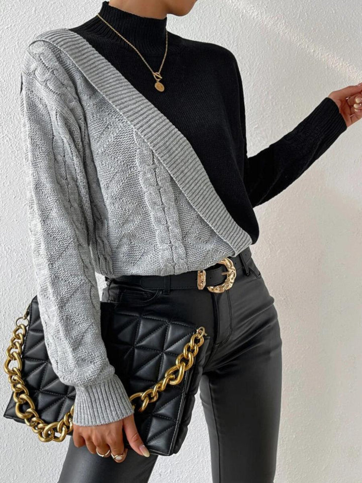 Women’s Cable Knit Jumper with High Neck and Asymmetrical Ribbed Panel