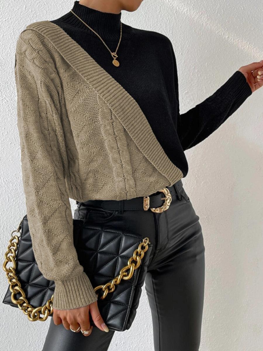 Women’s Cable Knit Jumper with High Neck and Asymmetrical Ribbed Panel