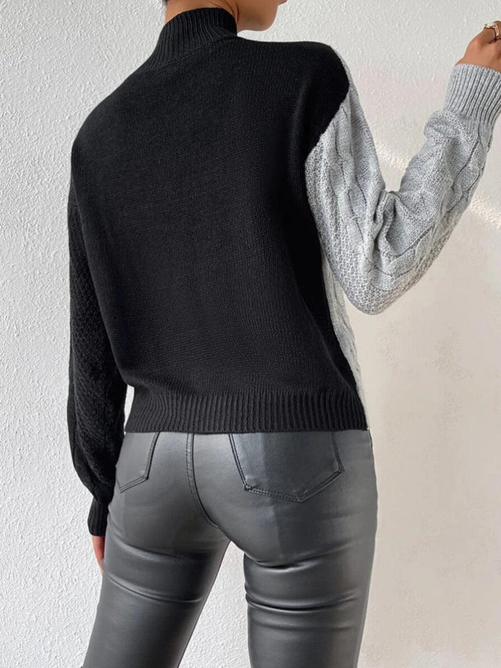 Women’s Cable Knit Jumper with High Neck and Asymmetrical Ribbed Panel
