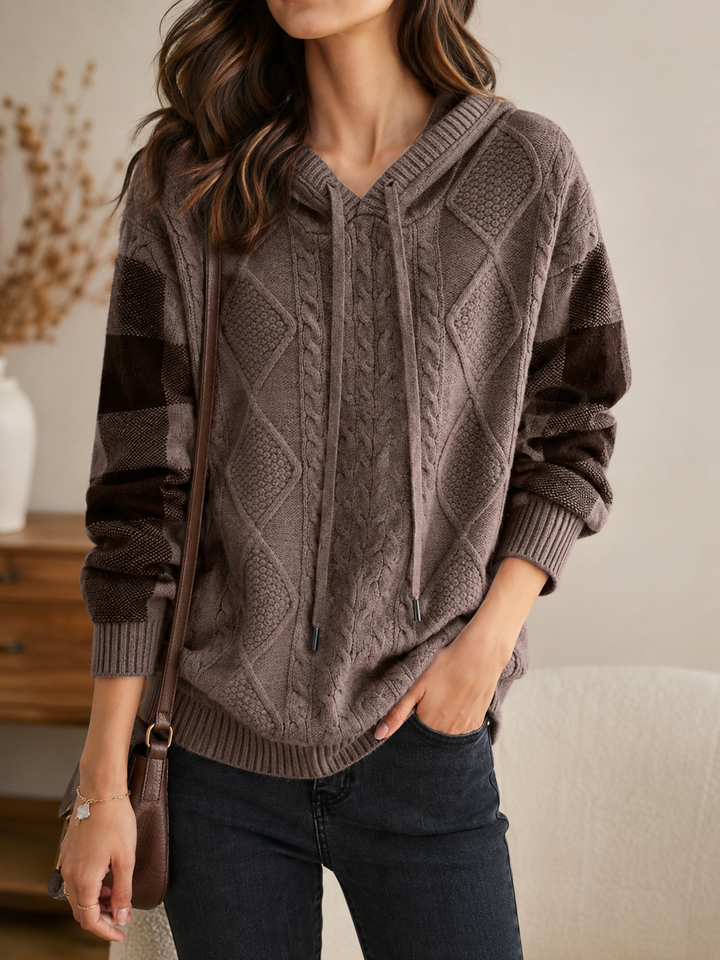 Women’s Cable Knit Jumper with Hood and Checked Sleeve Panels