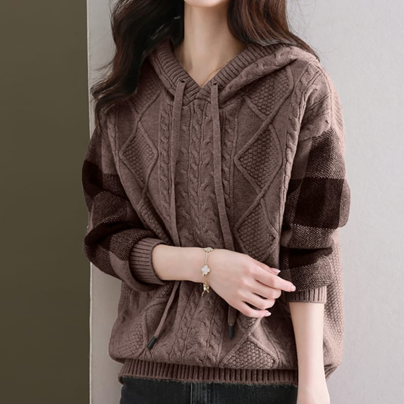 Women’s Cable Knit Jumper with Hood and Checked Sleeve Panels