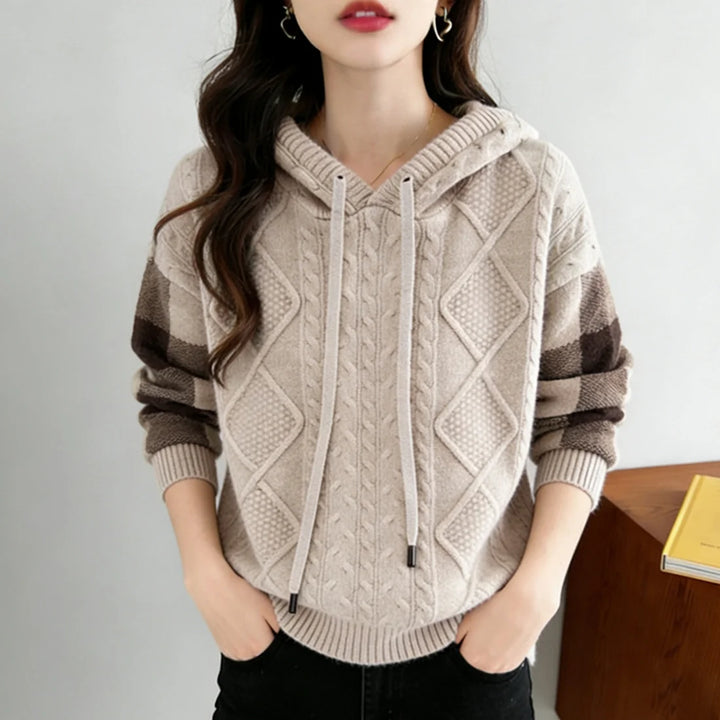 Women’s Cable Knit Jumper with Hood and Checked Sleeve Panels