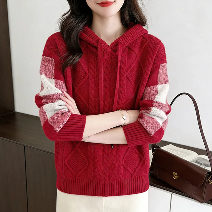 Women’s Cable Knit Jumper with Hood and Checked Sleeve Panels