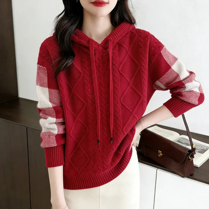 Women’s Cable Knit Jumper with Hood and Checked Sleeve Panels
