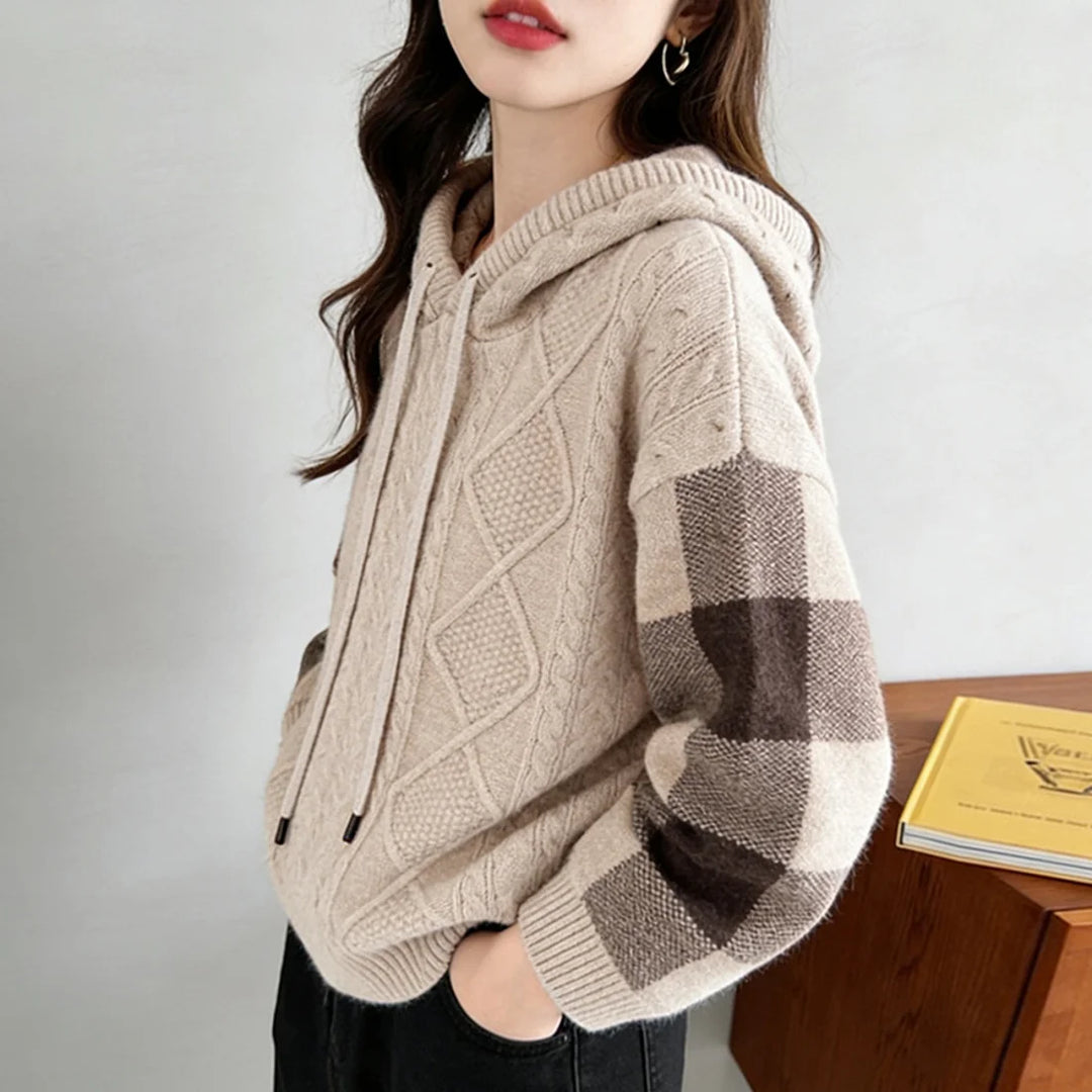 Women’s Cable Knit Jumper with Hood and Checked Sleeve Panels
