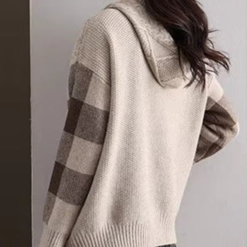 Women’s Cable Knit Jumper with Hood and Checked Sleeve Panels