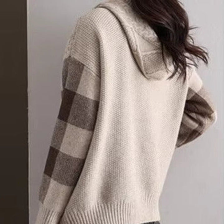 Women’s Cable Knit Jumper with Hood and Checked Sleeve Panels