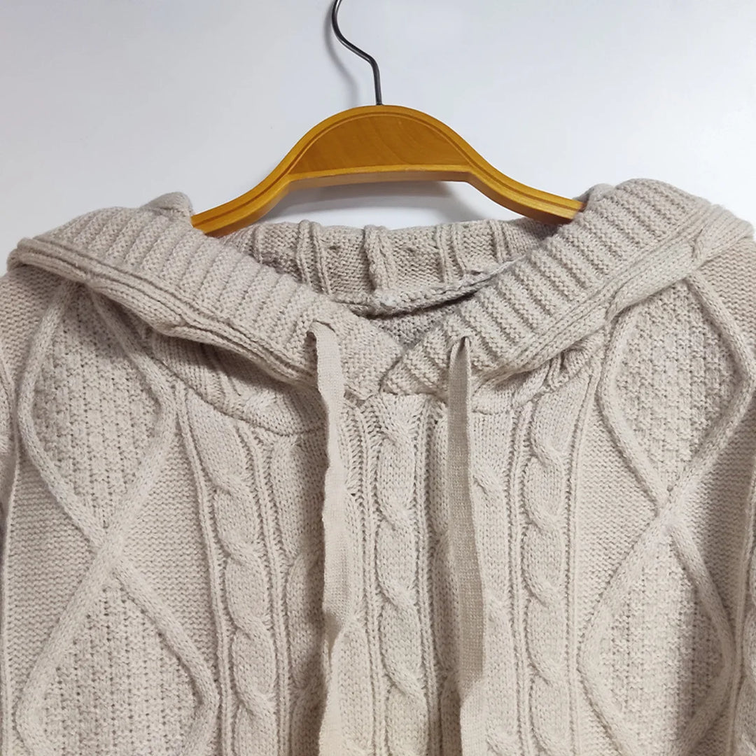Women’s Cable Knit Jumper with Hood and Checked Sleeve Panels