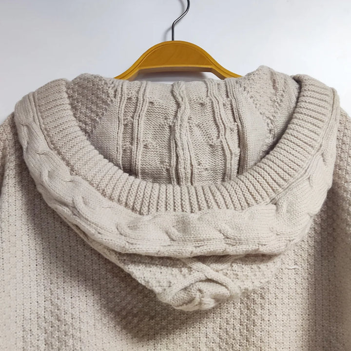 Women’s Cable Knit Jumper with Hood and Checked Sleeve Panels