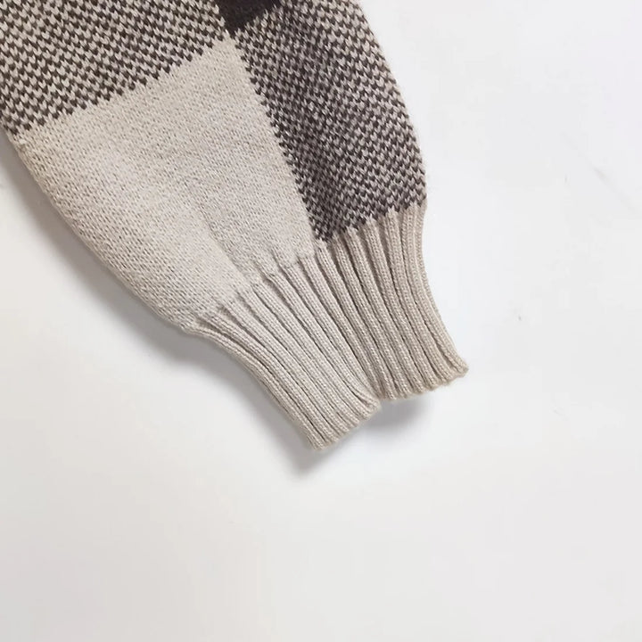 Women’s Cable Knit Jumper with Hood and Checked Sleeve Panels