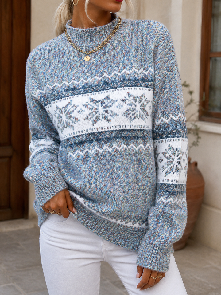 Women’s Cable Knit Jumper with Mock Neck and Patterned Bands