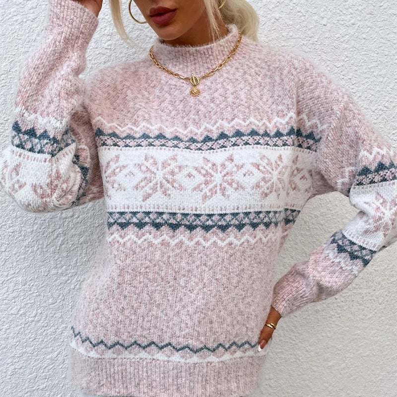 Women’s Cable Knit Jumper with Mock Neck and Patterned Bands