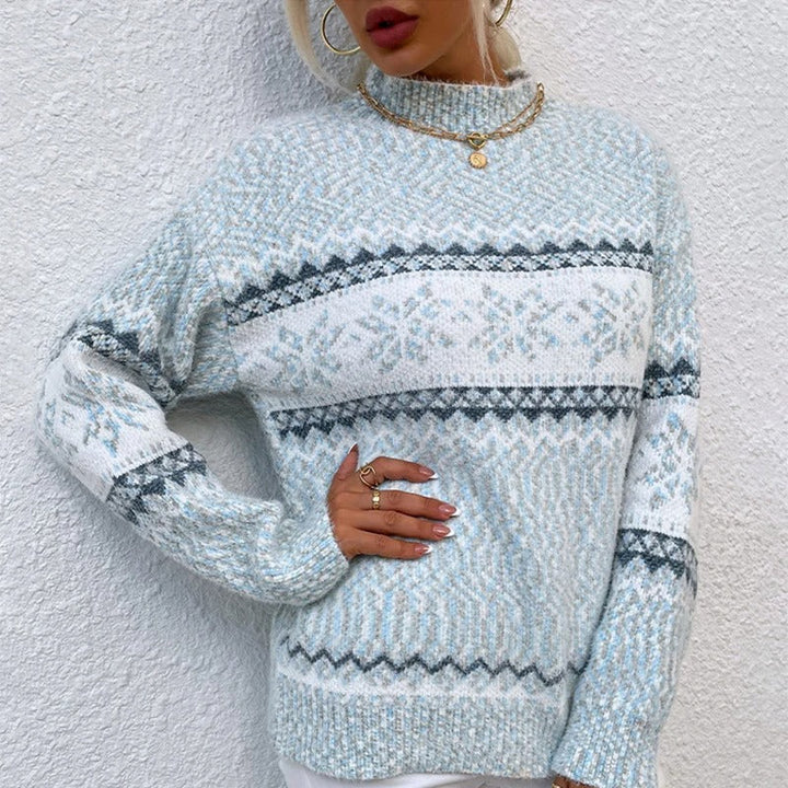 Women’s Cable Knit Jumper with Mock Neck and Patterned Bands