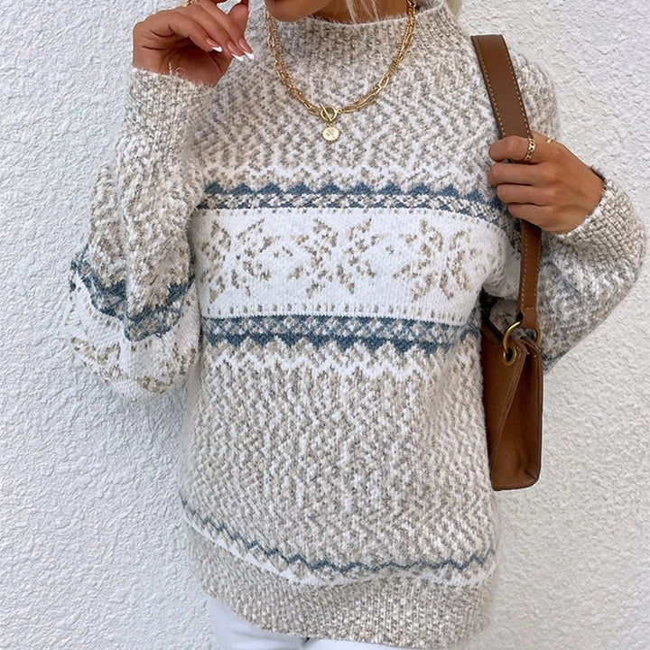 Women’s Cable Knit Jumper with Mock Neck and Patterned Bands