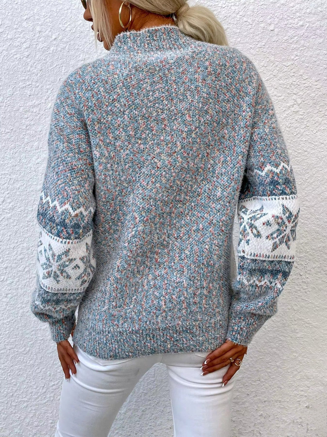 Women’s Cable Knit Jumper with Mock Neck and Patterned Bands