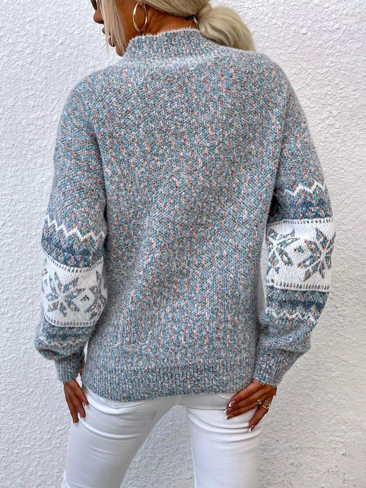 Women’s Cable Knit Jumper with Mock Neck and Patterned Bands