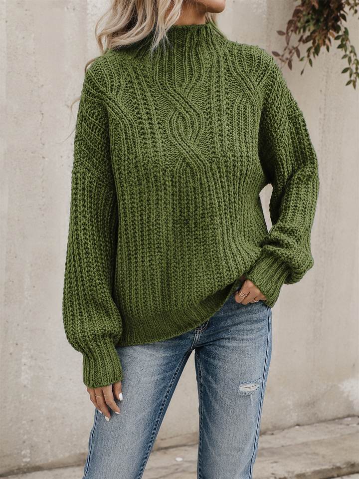 Women’s Cable Knit Jumper with Mock Neckline and Ribbed Cuffs