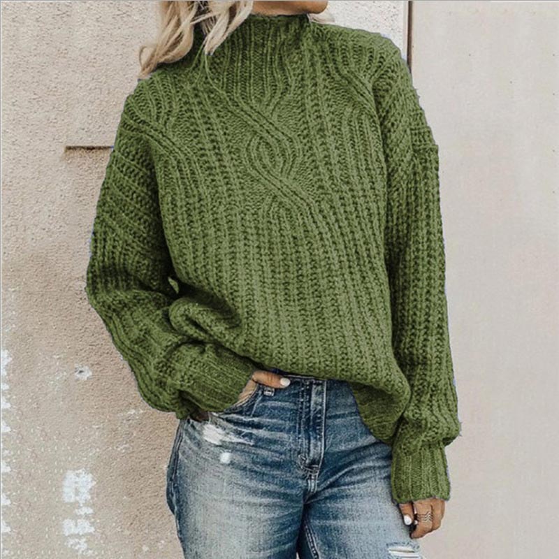 Women’s Cable Knit Jumper with Mock Neckline and Ribbed Cuffs