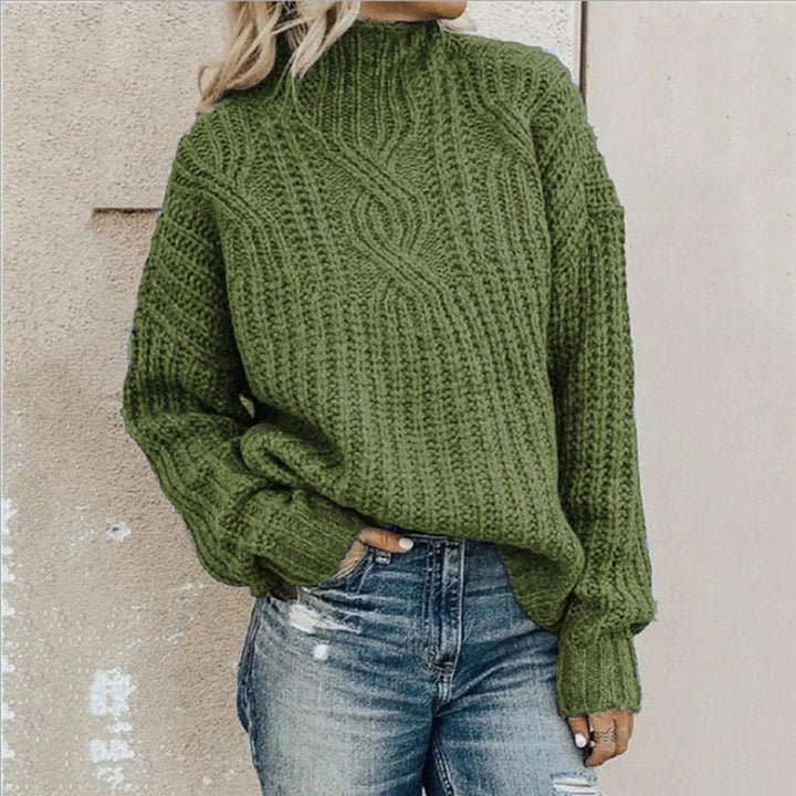 Women’s Cable Knit Jumper with Mock Neckline and Ribbed Cuffs
