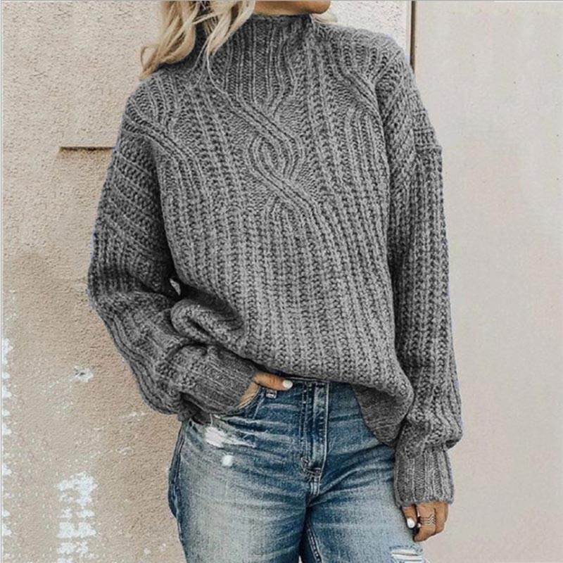 Women’s Cable Knit Jumper with Mock Neckline and Ribbed Cuffs
