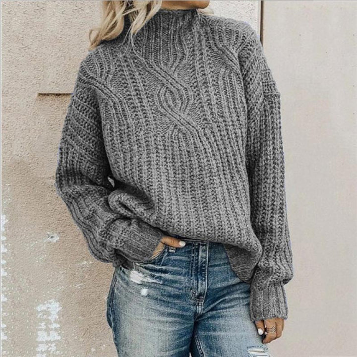 Women’s Cable Knit Jumper with Mock Neckline and Ribbed Cuffs