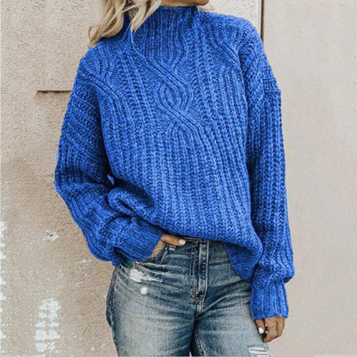 Women’s Cable Knit Jumper with Mock Neckline and Ribbed Cuffs