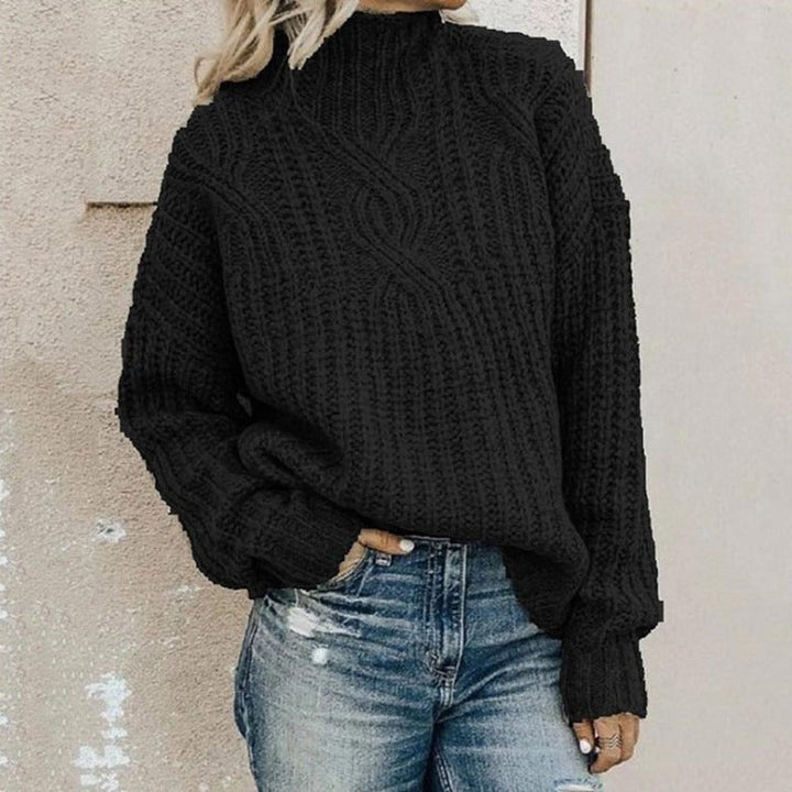 Women’s Cable Knit Jumper with Mock Neckline and Ribbed Cuffs